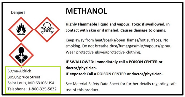 GHS Container Label Supplier Identification Methanol
