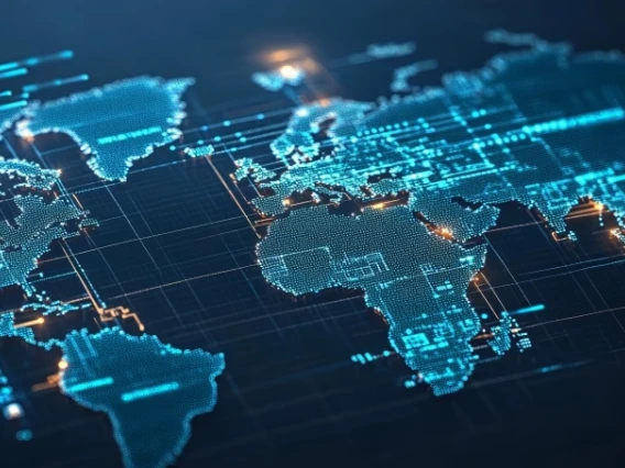 A map of the world with digital overlays.