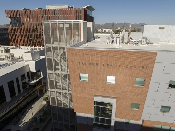 an aerial view of the entrance of the sarver heart center