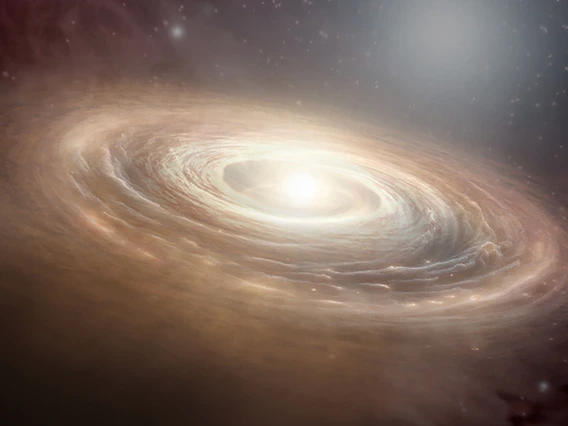 Artist’s concept of a planet-forming disk, like the thirty studied for the ALMA AGE-PRO survey. Gas and dust are seen swirling around a young star. 