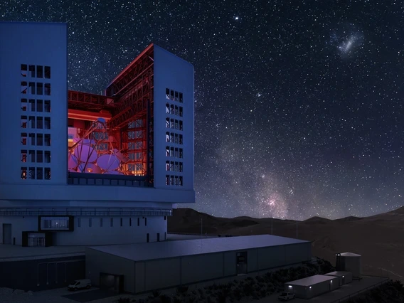 A rendering showing what the Giant Magellan Telescope will look like at nighttime, once completed. The enclosure is opened for nighttime observation, while the Milky Way rises behind the mountains. 