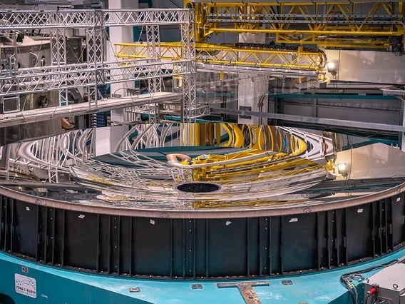 With a highly reflective, silvery surface, the Rubin Observatory's main mirror acts both as its primary and tertiary light-collecting surface. 