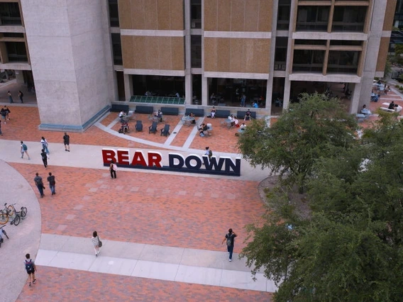 Overhead view of University of Arizona campus and Bear Down sign.