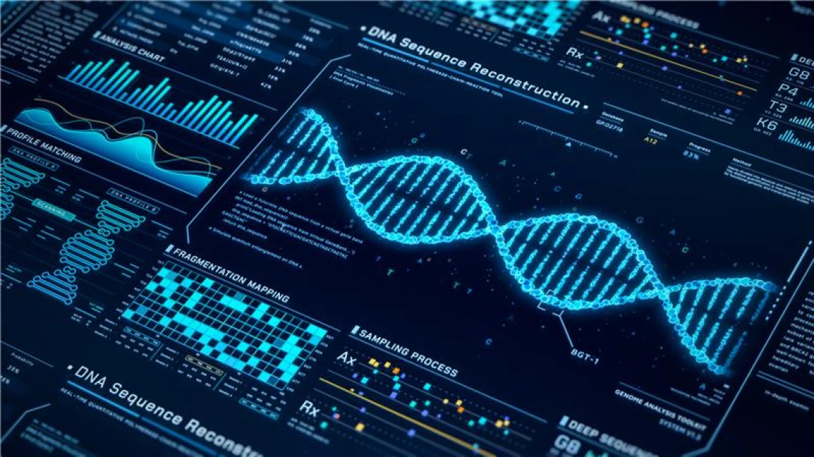 Digital dashboard showing a glowing DNA strand at center, surrounded by charts and graphs detailing genetic sequencing, data mapping, and analysis metrics.