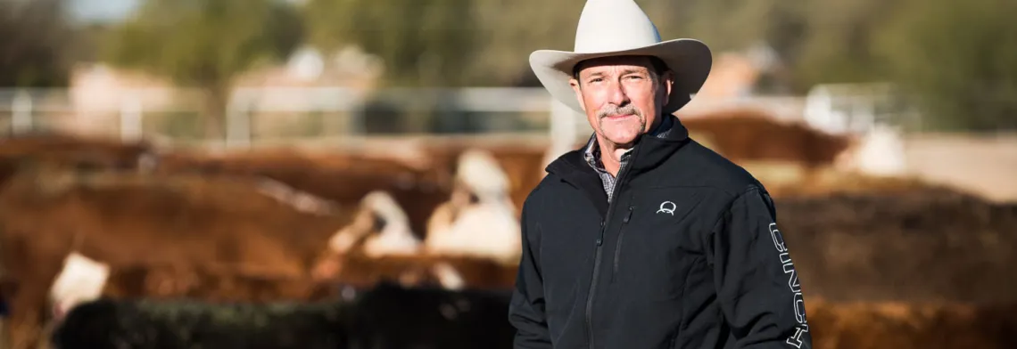 George Ruyle standing in the sun in front of a herd of cattle with his white cowboy hat on